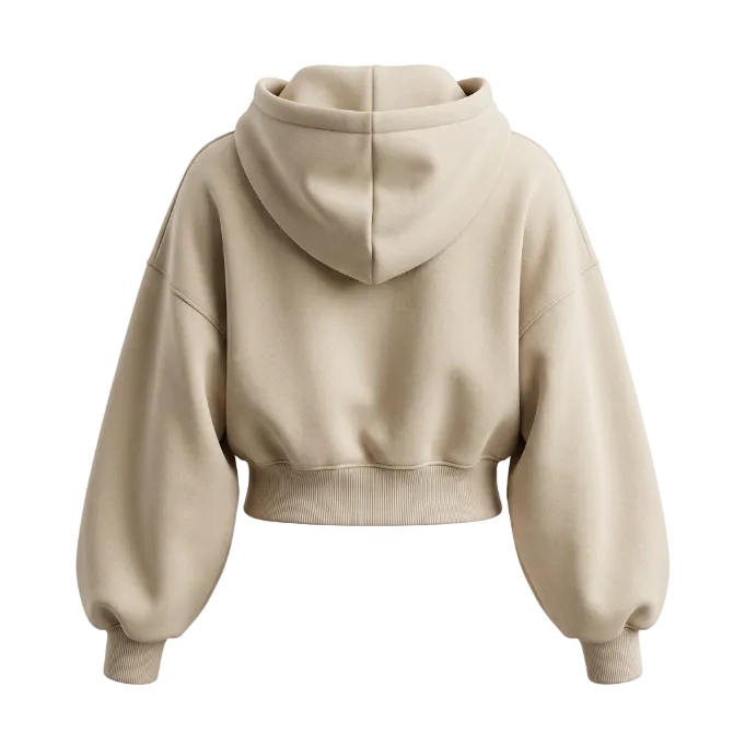 Back view of a light beige cropped zip-up hoodie with ribbed hem and long sleeves, styled for a Y2K streetwear look.