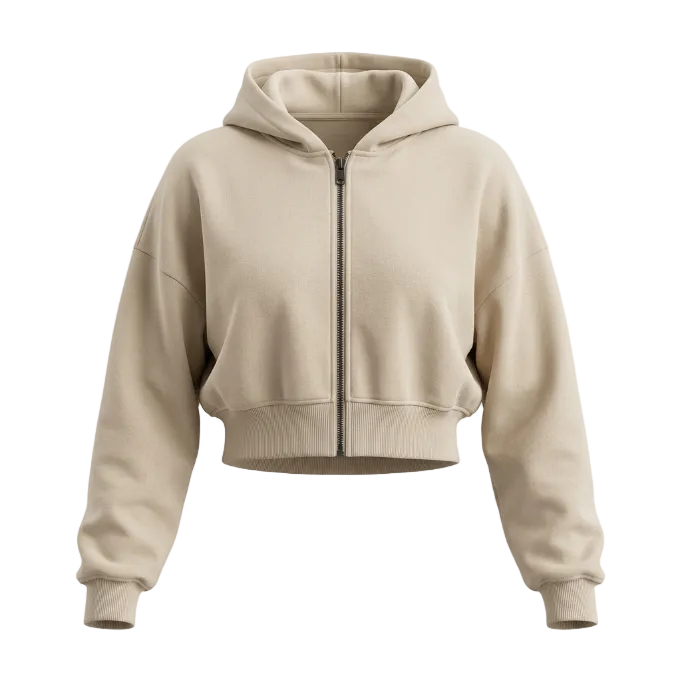 Light beige cropped zip-up hoodie featuring a long-sleeve silhouette and ribbed trim, perfect for Y2K streetwear style.