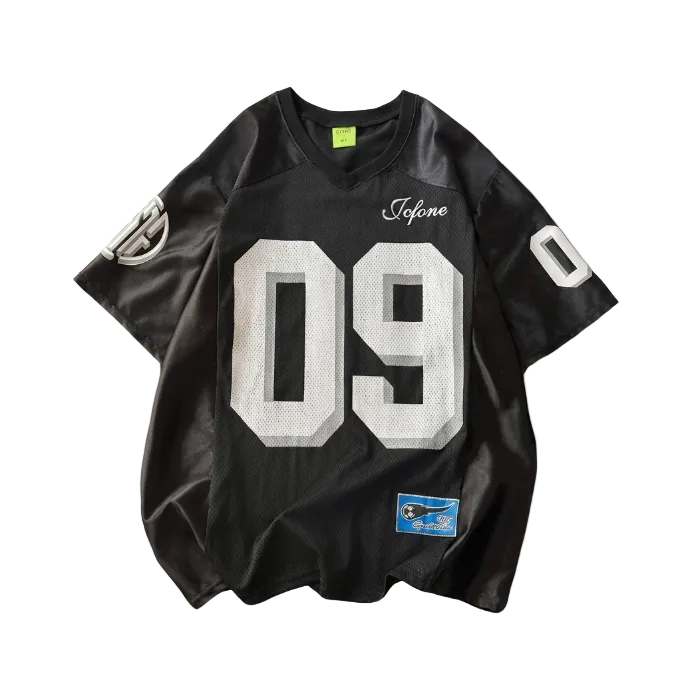 Black oversized mesh jersey shirt with white number 09 graphic and Tofone script, Y2K streetwear athletic style.
