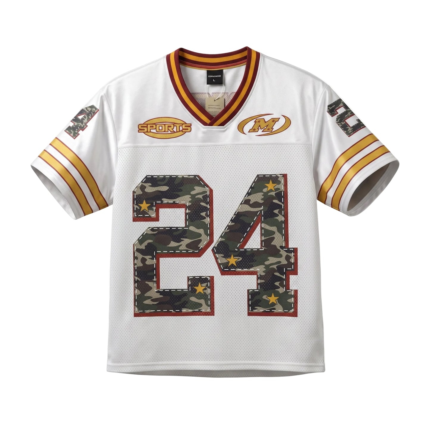 White football jersey shirt with camo 24 graphic numbers, yellow and maroon trim, for an oversized Y2K streetwear athletic look.