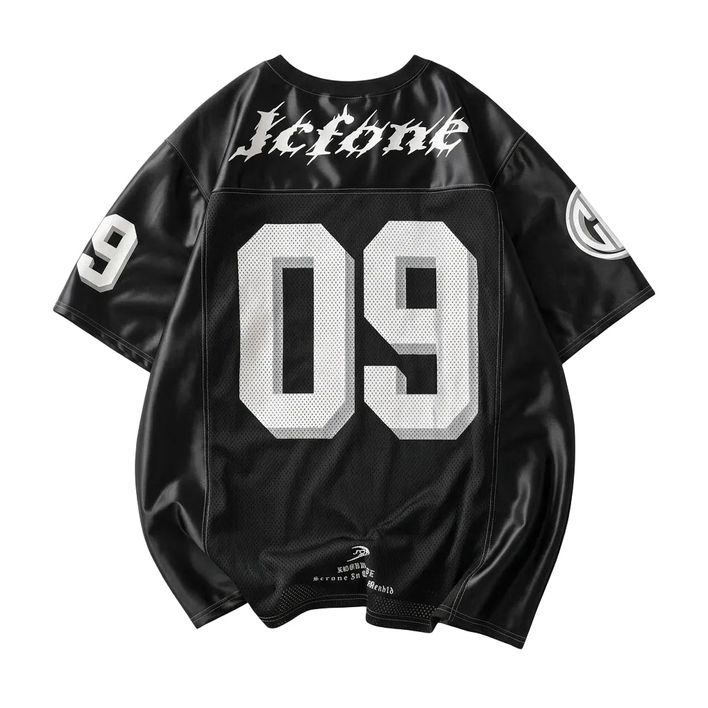 Back view of an oversized black football jersey shirt with white 09 graphic numbers and Jctone text, styled for a Y2K streetwear look.