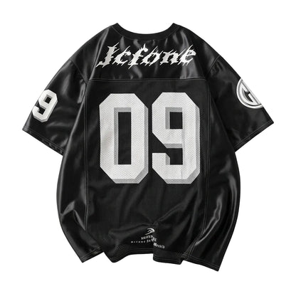 Back view of an oversized black football jersey shirt with white 09 graphic numbers and Jctone text, styled for a Y2K streetwear look.