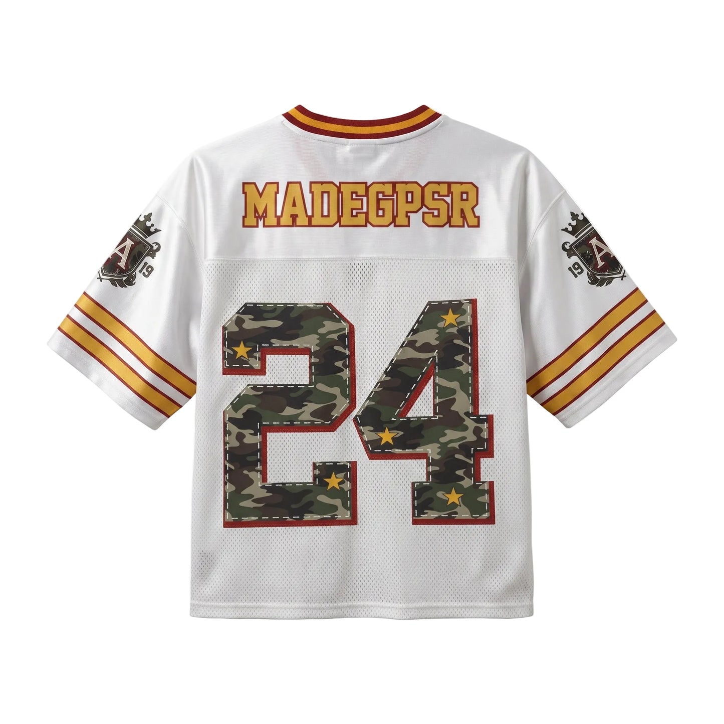 Back view of white football jersey shirt with camo 24 number graphic, MADEGPSR text and trim for an oversized Y2K streetwear style.