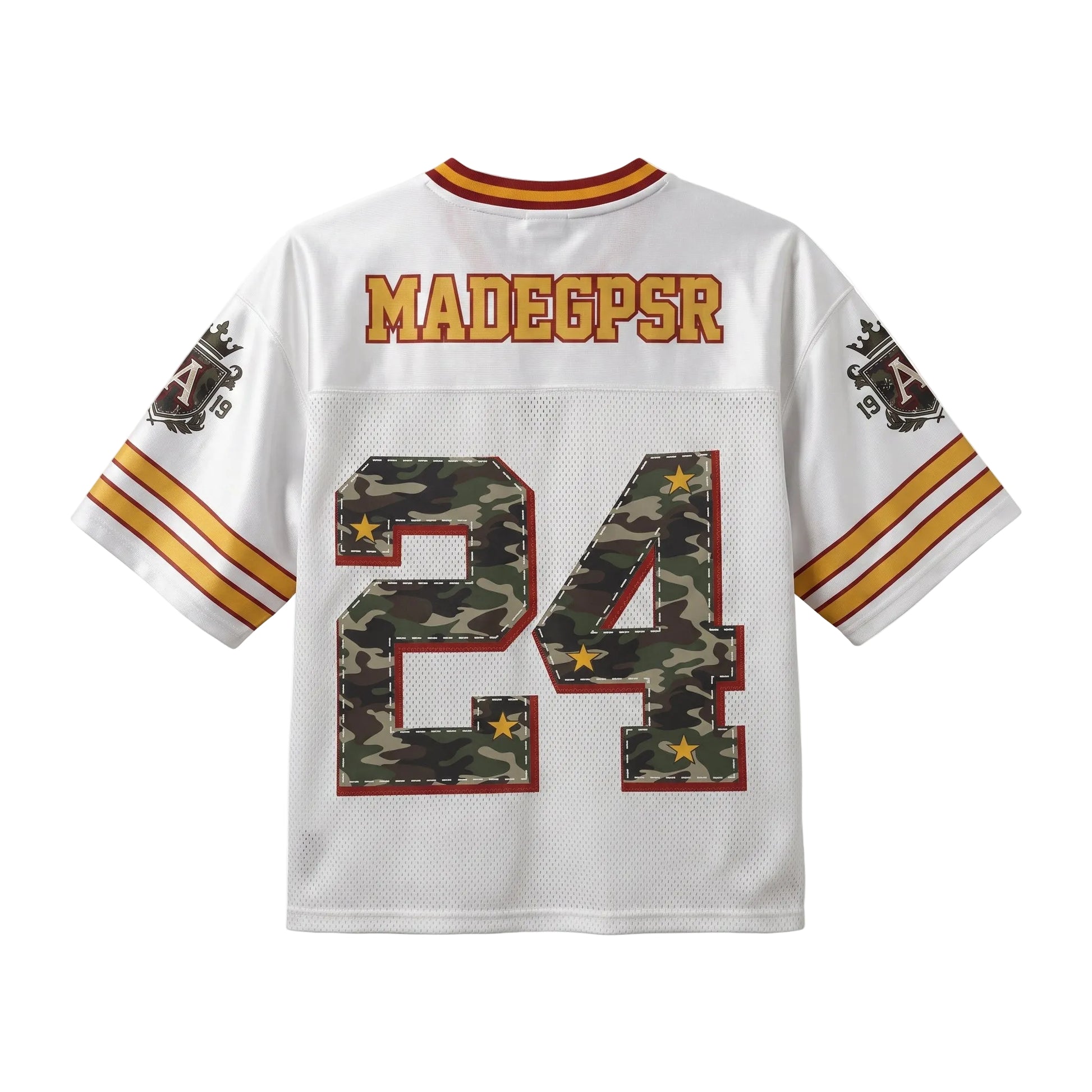 Back view of white football jersey shirt with camo 24 number graphic, MADEGPSR text and trim for an oversized Y2K streetwear style.
